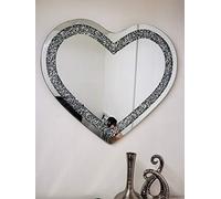 DEENZ Heart Crushed Diamond Crystal Glass Frame Silver Bevelled Wall Mirror Bling Heart Shape 70x80cm