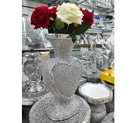 Deenz Heart Shape Crushed Diamond Glitter Silver Sparkle Flower Vase Luxury Home Decoration Flower Pot For Gift (40 CM)