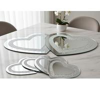DEENZ Heart-Shaped Crushed Crystal Border Jewel Loose Sparkle Diamante Mirrored Table Placemats & Coasters Reflective Silver Glitter Surface Glass Decor Centrepiece 10/25 Cm (4 Coasters + 2 Placemats)