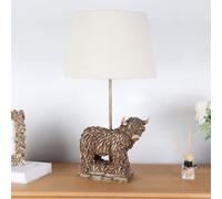 Deenz Highland Cow Table Lamp Or Bedside Light With Oatmeal Linen Fabric Shade Resin Animal Led Compatible Home Decor
