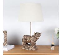 DEENZ Highland Cow Table Lamp Or Bedside Light with Oatmeal Linen Fabric Shade Resin Animal Led Compatible Home Decor