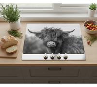 Deenz Highland Cow Universal Hob Cover Plate 5 mm Tempered Glass Black-White All Types Cookers Kitchen Decor Worktop Saver 60X52Cm