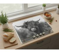 Deenz Highland Cow Universal Hob Cover Plate Black-White 5 mm Tempered Glass 4 X Grey Feet All Types Cookers Worktop Saver 60X52Cm
