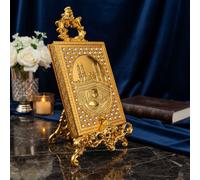 Deenz Holy Quran Scrollwork Box Case Cover, Metal Ornate Stand & Velvet Interior Engraved Mosque Design Islamic Wedding Gold Gift