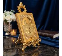 DEENZ Holy Quran Scrollwork Box Case Cover, Metal Ornate Stand & Velvet Interior Engraved Mosque Design Islamic Wedding Gift Traditional Muslim Home Baroque Decor Architectural Details Frame (GOLD)