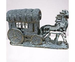 Deenz Horse With Round Wagon Buggy Gypsy Big Wheels Crushed Diamond Carriage Ornament Shelf Sitter Bling (Silver)