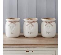 Deenz Large Canisters/jars Set Tea Coffee Sugar Ceramic Canisters Engraved Heart Kitchen Storage Jars Set Of 3 Wooden Lid Ribbon