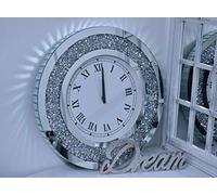 DEENZ Large Round 50cm Crushed Mirror Jewel Wall Clock Black Hands Roman Number Diamante Glass Silver Eye Catching Home Décor
