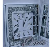 Deenz Large Square Crushed Jewel Mirror Wall Clock Needles Roman Diamante 50Cm Black Hands Silver Eye Catching Home Décor