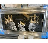 DEENZ LION FAMILY KING AND QUEEN WITH CUB CROWNS LIQUID ART WALL CHROME LOOK 85x45cm