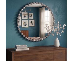 DEENZ Luxurious Round Wall Mounted Bold Space Mirror Circular Beaded Plastic Body Frame Contemporary Design Elegant Home Decoration Modern Idea Easy Hanging 60Cm Dia. (SILVER)