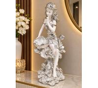Deenz Luxury Ceramic Italian Angel Wings Lady Figurine Sitting Ornament White-Silver Romany Sculpture Table Home Décor Bling 45Cmh
