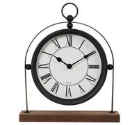 Deenz Metal Arched Frame Clock Roman Numerals White Face Round Display Wood Base Quartz Movement Freestanding Black Mantle 31X26Cm