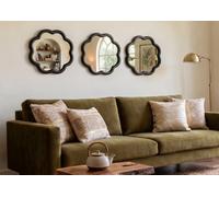 Deenz Pack Of 3 Black Wavy Shape Round Wall Hanging Mirror Plastic Framed Home Décoration Gift Idea Large Display 25Cm Diameters.