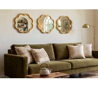 Deenz Pack Of 3 Gold Wavy Shape Round Wall Hanging Mirror Plastic Framed Home Décoration Gift Idea Large Display 25Cm Diameters.
