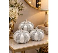 Deenz Pack Of 3 White & Silver Glitter Pumpkin Ornaments Chrome Stem Crushed Diamond Artificial Fruit Autumn Halloween Shelf Decor