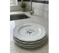 Deenz Pack Of 4 Round Bow Slogan Dining Serving Plate Scallop Edge 'living The Dream' Text Black Line Zig Zag Border Kitchen Decor