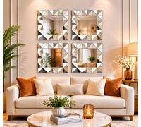 Deenz Pack Of 4 Square Frame 3D Art Deco Style Wall Mounted Mirror For Living Room , Bed Room Or Hallway Geometric Design 40X40Cm