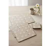 DEENZ Pack Of Bee Pattern 4 Placemat & 4 Coaster Beige Daisy Print Floral Design Dining Table Setting Round Edge Protect Kitchen Countertop Farmhouse Style Rectangle Décor Surface Cover Centrepiece