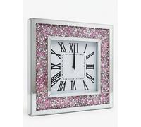 Deenz Pink Silver Crystal Crushed Jewel Diamond Clock Wall Mounted Square Mirrored Frame Roman Numerals Nearly Silent Battery 40Cm