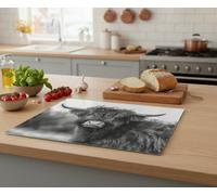 Deenz Rectangular Highland Cow Worktop Saver Black-White Photography Design 5mm Thick Tempered Glass Cutting Board Kitchen 60X40Cm