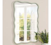 Deenz Rectangular Stylish Muted Green Hue Finished Wall Mounted Mirror Wavy Design Wooden Framed Home Décor Modern Edge 91X61 Cm