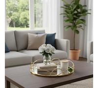 Deenz Round Glass Serving Tray Golden Circular Frame Mirrored Decorative Trinket Dish Jewellery Metallic Candle Holder 30 Cm Dia.