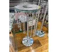 Deenz Round Top End Table Crush Diamond Silver Mirrored Side Table Modern Glass Stand Sparkle Crystal Home Decor (60X25 Cm)