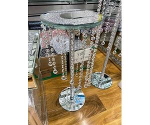 Deenz Round Top End Table Crush Diamond Silver Mirrored Side Table Modern Glass Stand Sparkle Crystal Home Decor (60X25 Cm)