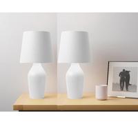 DEENZ Set of 2 Ava Stoneware Table Lamp Fabric Shade with A Satin Ribbed Glazed Reading, Bedroom, Living Room, Study, Office (White)