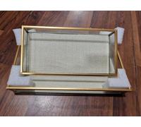 Deenz Set Of 2 Gold Metal Tray Decorative Glass Metal Perfume Vanity Dresser Jewellery Cosmetics Organiser Candle Tealight Plate Display Drinks Tray