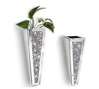 Deenz Set Of 2 Wall Hung Flower Vases With Silver Crushed Diamonds For Home Décor, Living Room, Bedroom, 28.45X8.89Cm