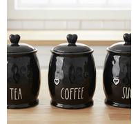 Deenz Set Of 3 Black Durable Ceramic Tea, Coffee & Sugar Kitchen Storage Heart Lid Jars/canisters Love Name Label 12 X 17 Cm