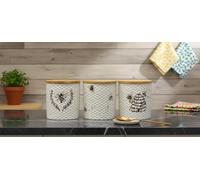 DEENZ Set Of 3 Ceramic Love Bee Print Canister Airtight Seal Wood Lid Storage Container Honeycomb Texture Tea, Coffee, Sugar, Flour, Salt Kitchen Countertop Cabinet Decor Jar 16 X 12 Cm (WHITE)