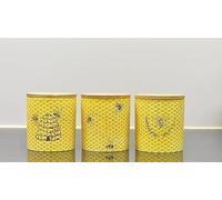 DEENZ Set Of 3 Ceramic Love Bee Print Canister Airtight Seal Wood Lid Storage Container Honeycomb Texture Tea, Coffee, Sugar, Flour, Salt Kitchen Countertop Cabinet Decor Jar 16 X 12 Cm (YELLOW)