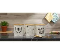 Deenz Set Of 3 Ceramic Love Bee Print Design Canister Airtight Seal Wood Lid Storage Container Honeycomb Texture White Jar 16X12Cm