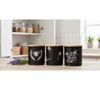 Deenz Set Of 3 Ceramic Love Bee Print Design Canister Airtight Seal Wood Lid Storage Container Honeycomb Texture Black 16X12X12 Cm