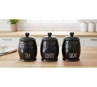 DEENZ Set Of 3 Durable Ceramic Tea, Coffee & Sugar Kitchen Storage Heart Lid Jars/Canisters Shabby Chic Love Motif Barrel Name Labelled Food Preservatives 12 X 12 X 17 Cm (BLACK)