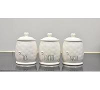 DEENZ Set Of 3 Durable Ceramic Tea, Coffee & Sugar Kitchen Storage Heart Lid Jars/Canisters Shabby Chic Love Motif Barrel Name Labelled Food Preservatives 12 X 12 X 17 Cm (WHITE)