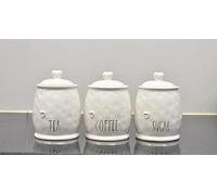 DEENZ Set Of 3 Ceramic Tea Coffee & Sugar White Storage Jars Shabby Chic Heart Design Lid Home Decor