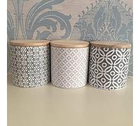 DEENZ Set of 3 Embossed Ceramic Jars with Bamboo LID Grey Ceramic Storage Jars-Floral