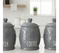 Deenz Set Of 3 Grey Ceramic Tea, Coffee & Sugar Kitchen Storage Heart Lid Jars/canisters Love Motif Barrel Name Label 12 X 17 Cm