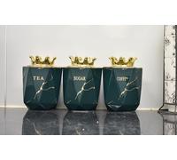 DEENZ Set of 3 Jars Gold Lid King Crown & Knot Kitchen Canister Jar For Tea Coffee Sugar Storage Pots Marble Effect Home Decor Dining Table Eye-Catching Glamorous Design (J047 Crown Lid Green)