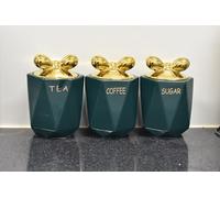 DEENZ Set of 3 Jars Gold Lid King Crown & Knot Kitchen Canister Jar For Tea Coffee Sugar Storage Pots Marble Effect Home Decor Dining Table Eye-Catching Glamorous Design (J045 Knot Lid Green)