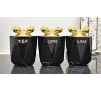 DEENZ Set of 3 Jars Gold Lid King Crown & Knot Kitchen Canister Jar For Tea Coffee Sugar Storage Pots Marble Effect Home Decor Dining Table Eye-Catching Glamorous Design (J044 Knot Lid Black)