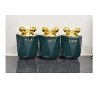 DEENZ Set Of 3 Jars Gold Lid Knot Kitchen Canister Tea Coffee Sugar Green
