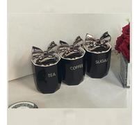 DEENZ Set Of 3 Jars Silver Bow Lid Canister Tea Coffee Sugar Marble Effect Black