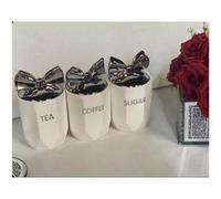 DEENZ Set Of 3 Jars Silver Bow Lid Canister Tea Coffee Sugar Marble Effect White