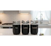 DEENZ Set Of 3 Jars Silver Bow Lid Kitchen Canister Jar For Tea Coffee Sugar Storage Pots Marble Effect Home Decor Dining Table Eye-Catching Glamorous Design (Black)