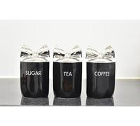 DEENZ Set Of 3 Jars Silver Bow Lid Kitchen Canister Jar For Tea Coffee Sugar Storage Pots Marble Effect Home Decor Dining Table Eye-Catching Glamorous Design (Black)